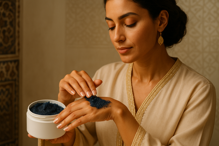 A luxurious dark blue sugar scrub in a sleek white container. A Moroccan woman with elegant traditional features is gently applying the scrub onto her hand. The scene has a soft natural light with warm tones, highlighting the texture of the scrub and the smoothness of her skin. Background features subtle Moroccan-inspired décor elements (tiles or patterns) to enhance the cultural touch. High-quality, aesthetic, skincare product photography style.